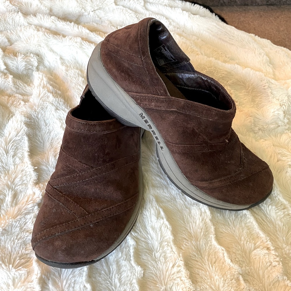 Merrell Primo Patch Chestnut brown suede clogs